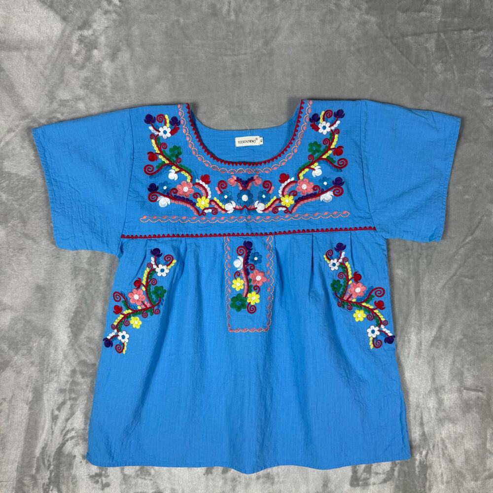 Hand-Embroidered Blue Cotton Peasant Blouse